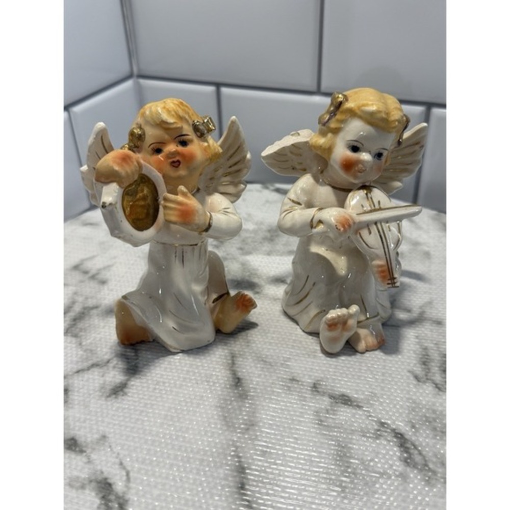 Vintage Angel Figurines Musical Cherubs Ceramic – Broken Wing –‎ Damaged AS IS
